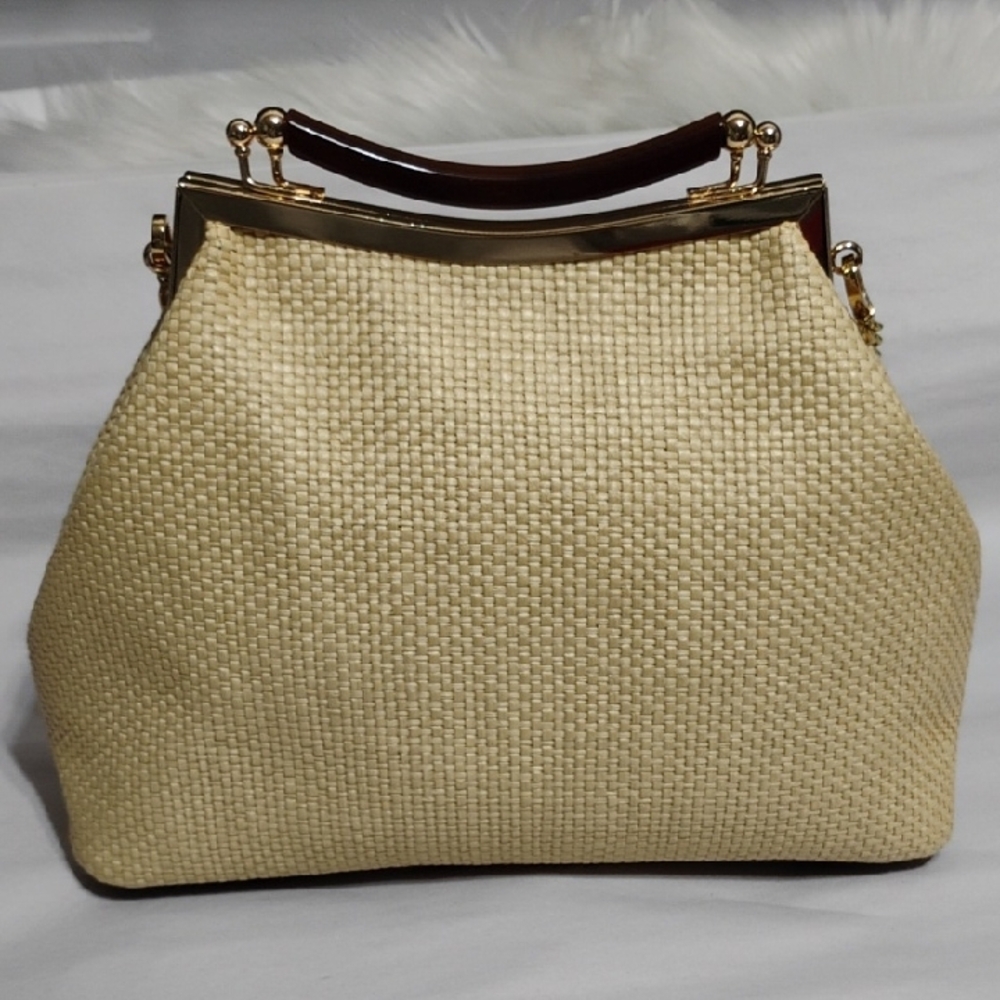 SALE! NWOT Valentina Fiore Rattan Chic Woven Bag W Removable Gold Chain Strap - Picture 3 of 11